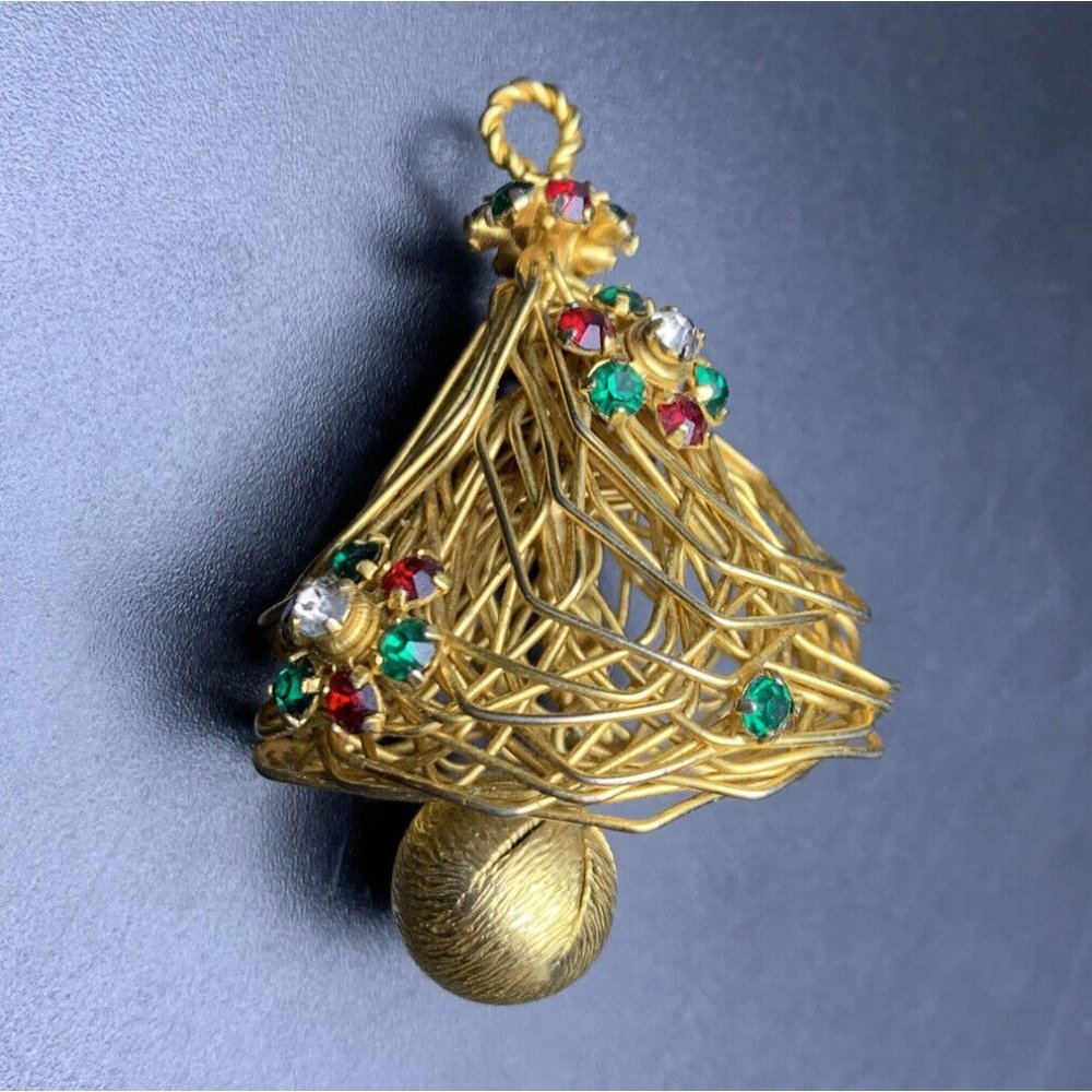 Wire Work Christmas Tree Brooch Pin Pendant Gold Tone Rhinestone Bell Vintage